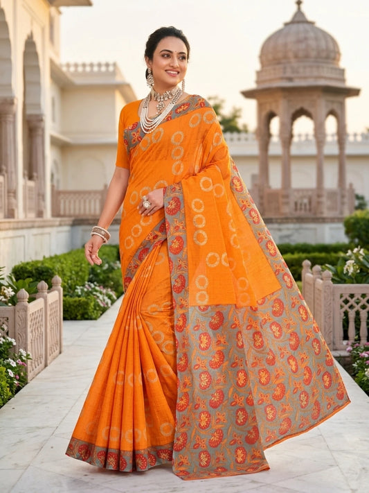 Minu fashions Printed Daily Wear Cotton Blend Saree (Orenge)