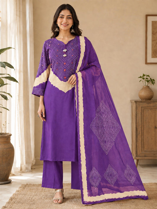 Himanshi Women Purple Pure Cotton Straight Kurta Set with Palazzo & Dupatta | Ank