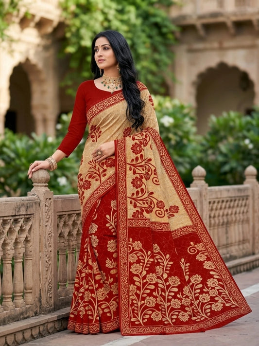 Minu fashions Printed Daily Wear Pure Cotton Saree (Red)