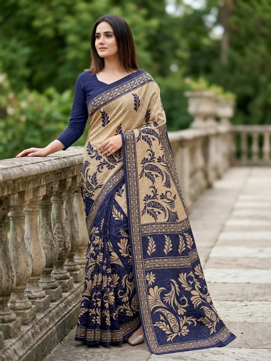 Minu fashions Printed Daily Wear Pure Cotton Saree (Blue)
