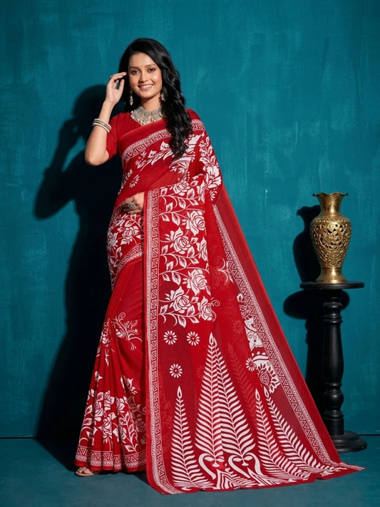 Minu fashions Floral Print Daily Wear Pure Cotton Saree (Red)