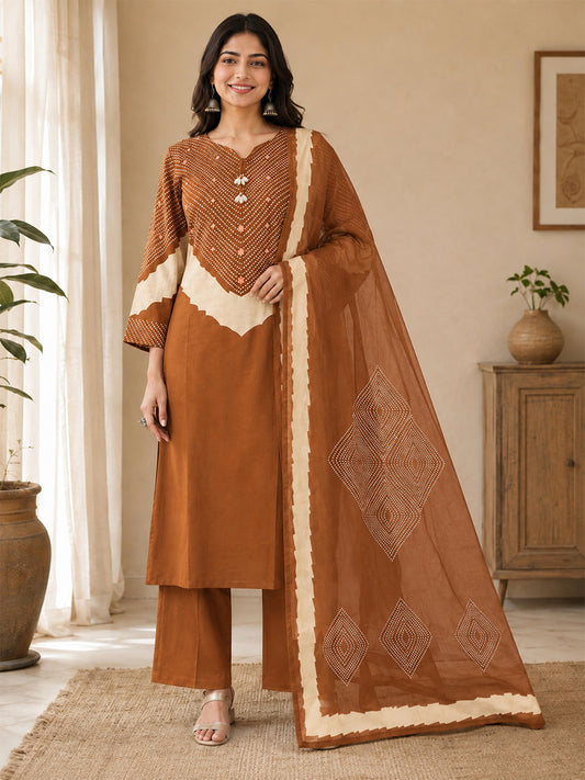 Himanshi Women Orange Pure Cotton Straight Kurta Set with Palazzo & Dupatta | Ank