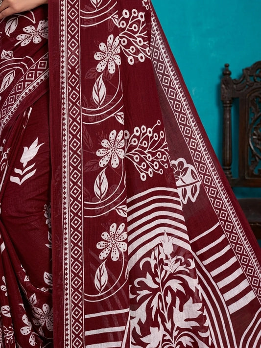 Minu fashions Printed Daily Wear Pure Cotton Saree (Maroon)