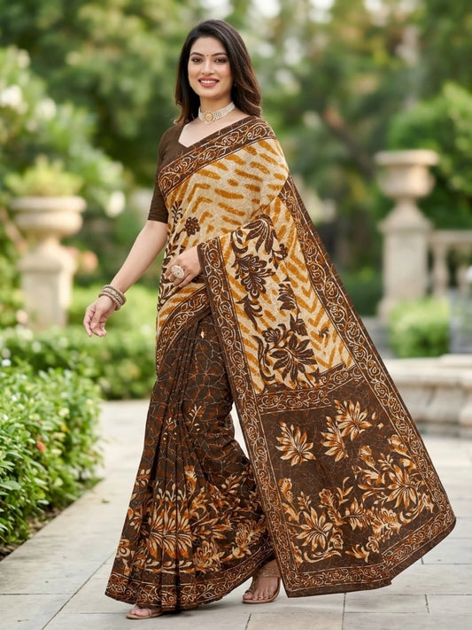 Minu fashions Printed Daily Wear Pure Cotton Saree (Brown)