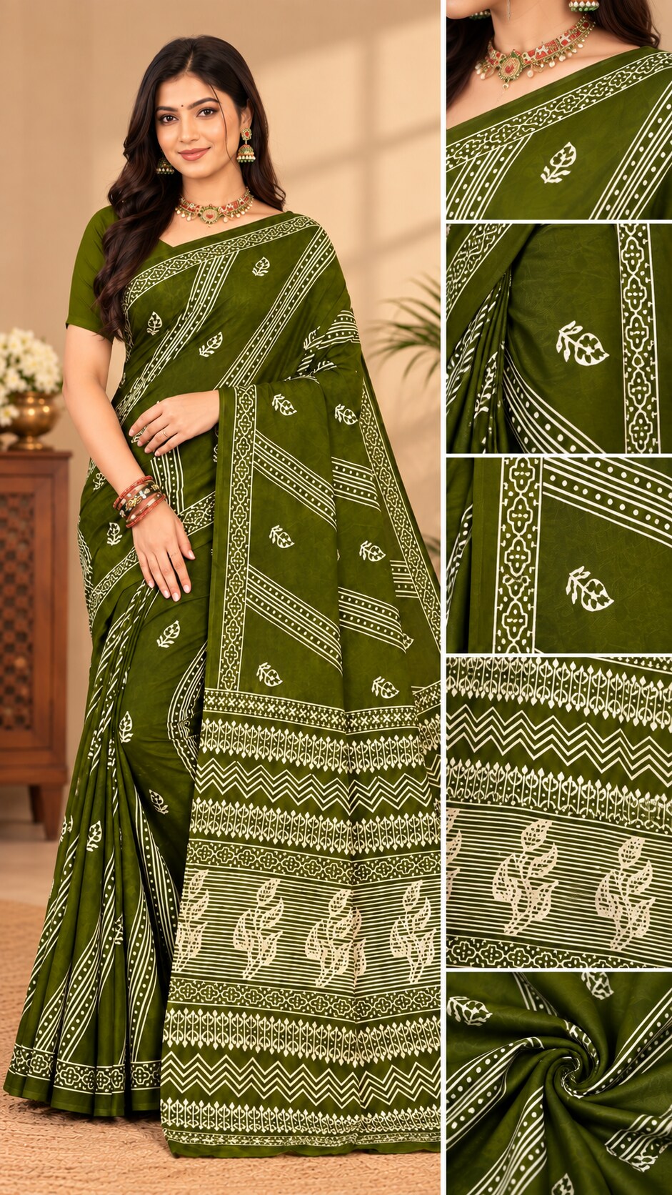 MINU | Women Olive Green Printed Saree with Matching Blouse Piece
