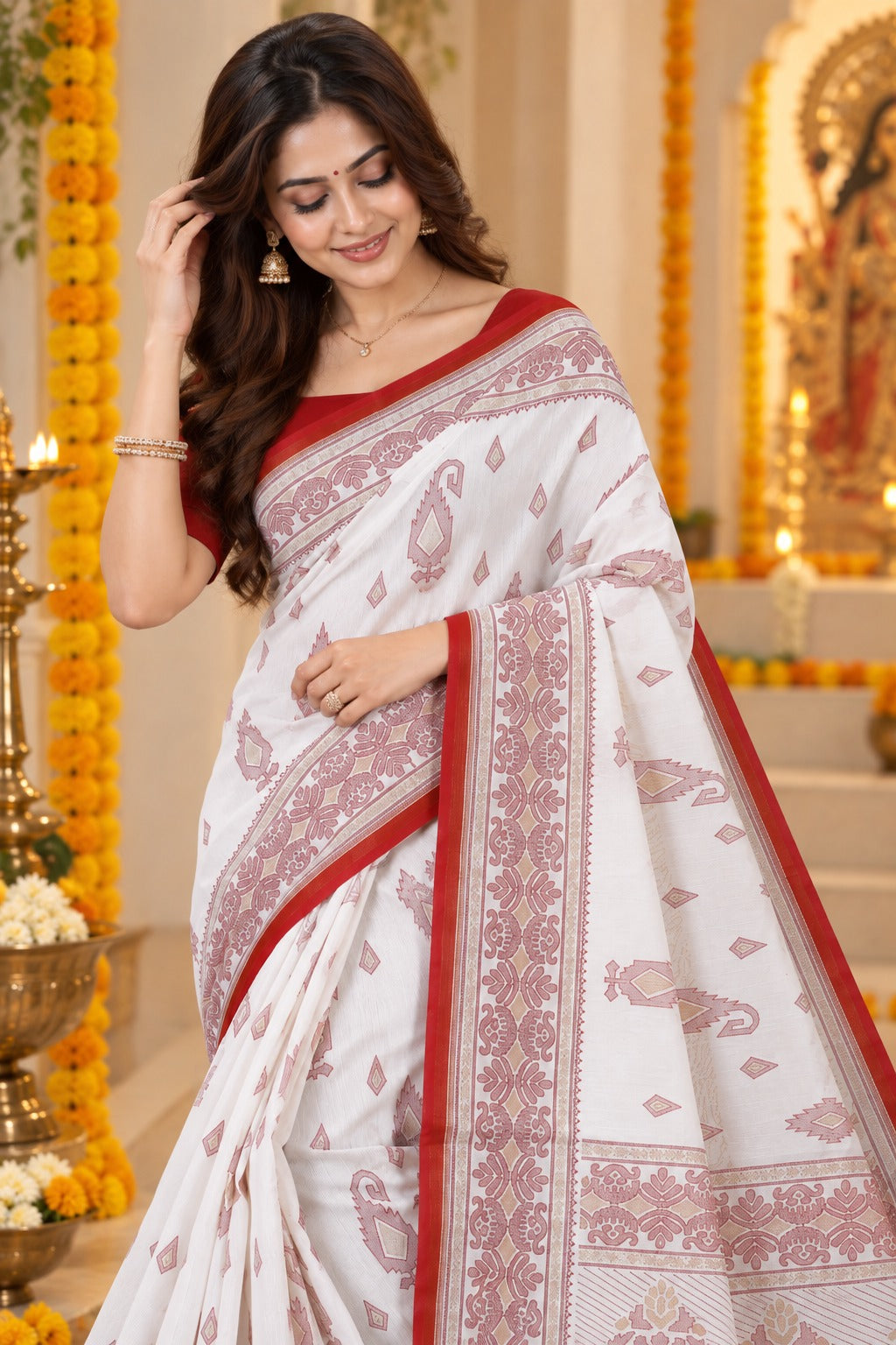 White & Red Traditional Bengali Saree for Durga Puja | Elegant Printed Motif Festive Saree