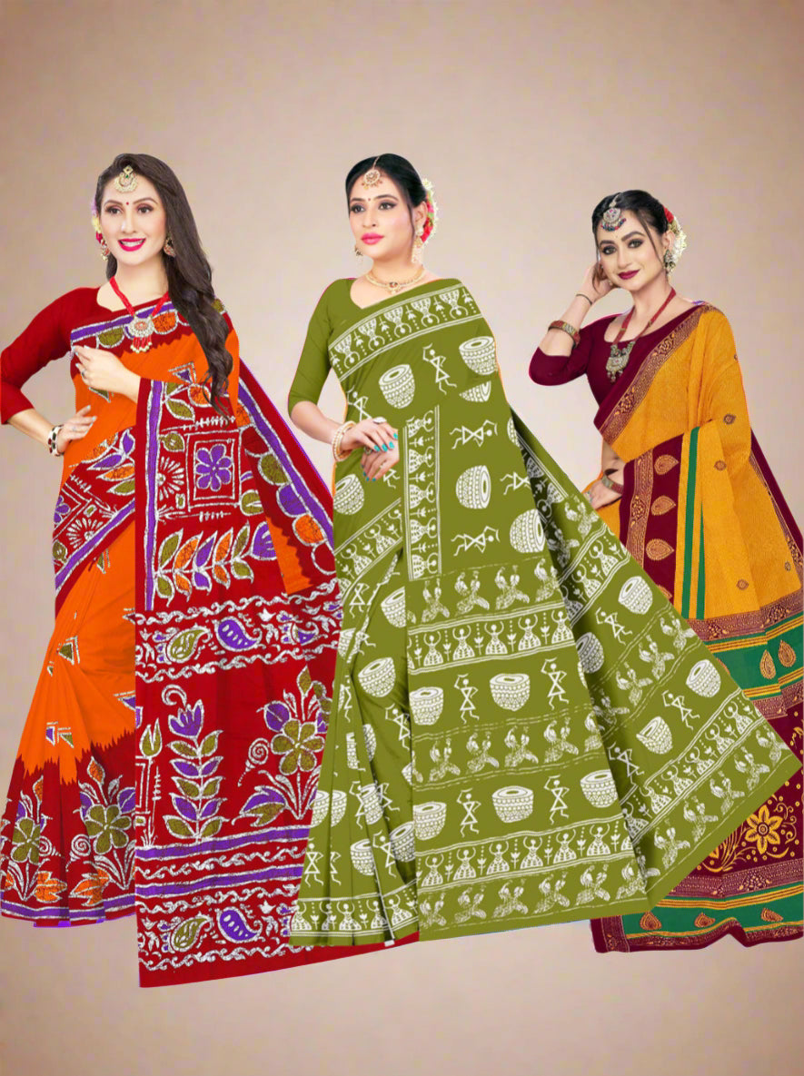 Combo Of Cotton Printed Sarees - Pack of 3