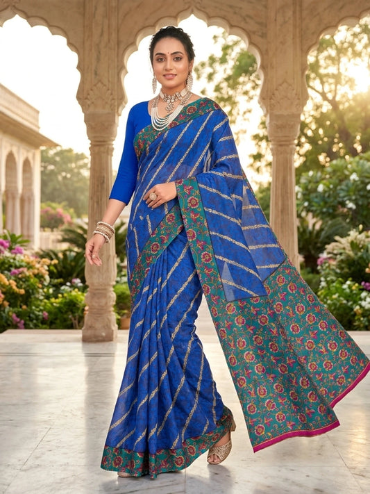 Minu fashions Printed Daily Wear Cotton Blend Saree (Blue)