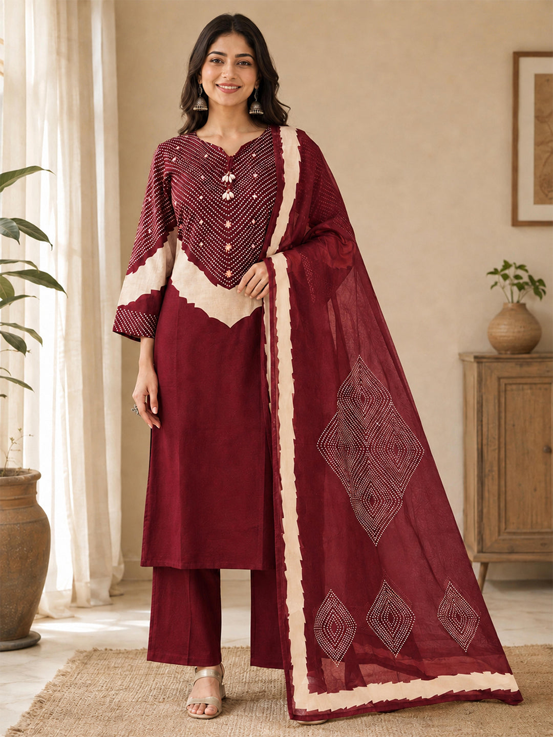 Himanshi Women Red Pure Cotton Straight Kurta Set with Palazzo & Dupatta | Ank