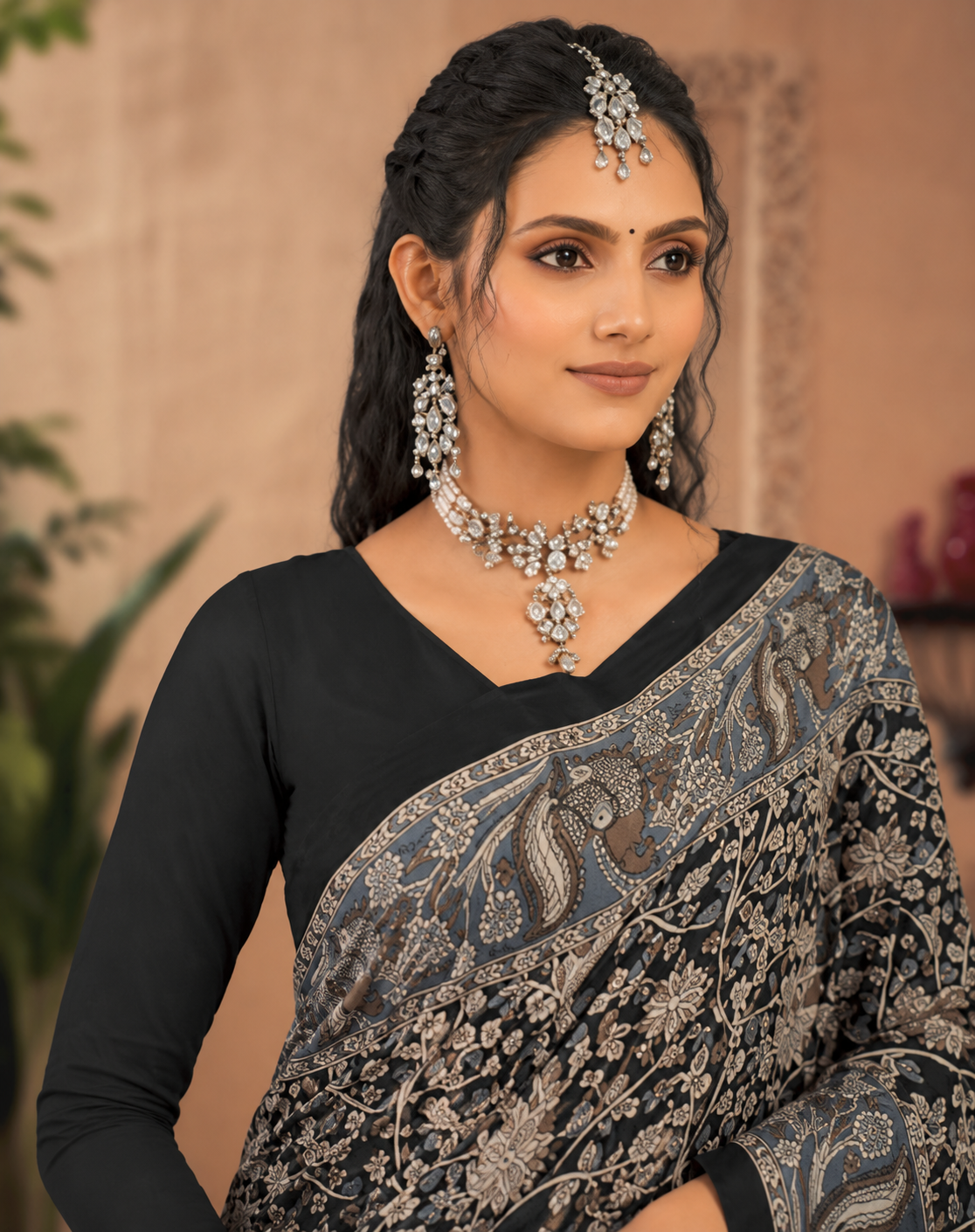 Srimoyee Traditional Black Floral Print Premium Cotton Saree