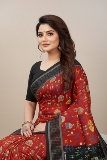 Boutique Special Gold Cotton Printed Red Saree