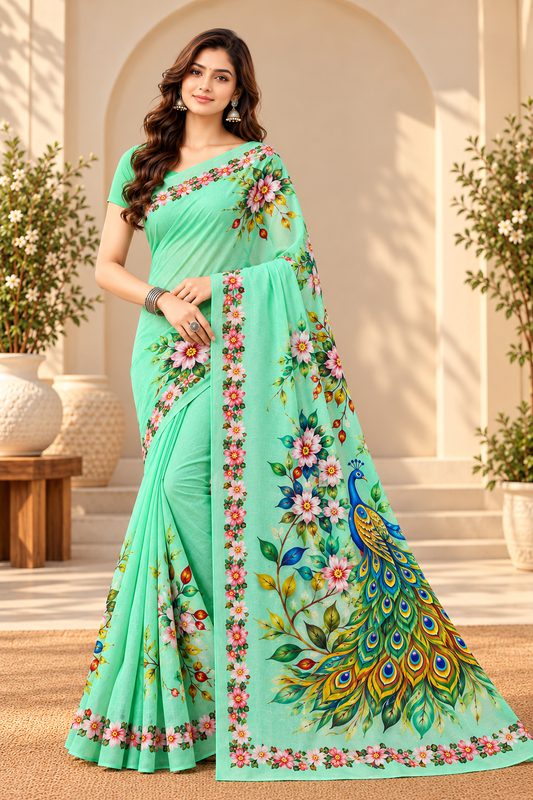 Minu | Women’s Multicolour Malai Cotton Madhubani Printed Ethnic Saree with Contrast Border