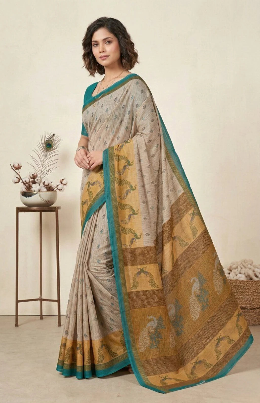 Minu Fashions Jiva Beige & Teal Cotton Linen Peacock Print Saree