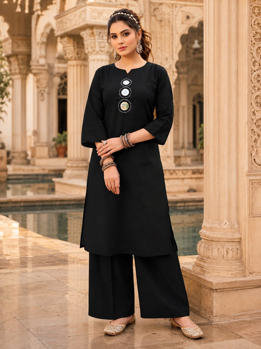 Purva Women Vartican Silk Straight Cut Kurti Set with Palazzo | Mirror & Beads Work | Women's Ethnic Wear