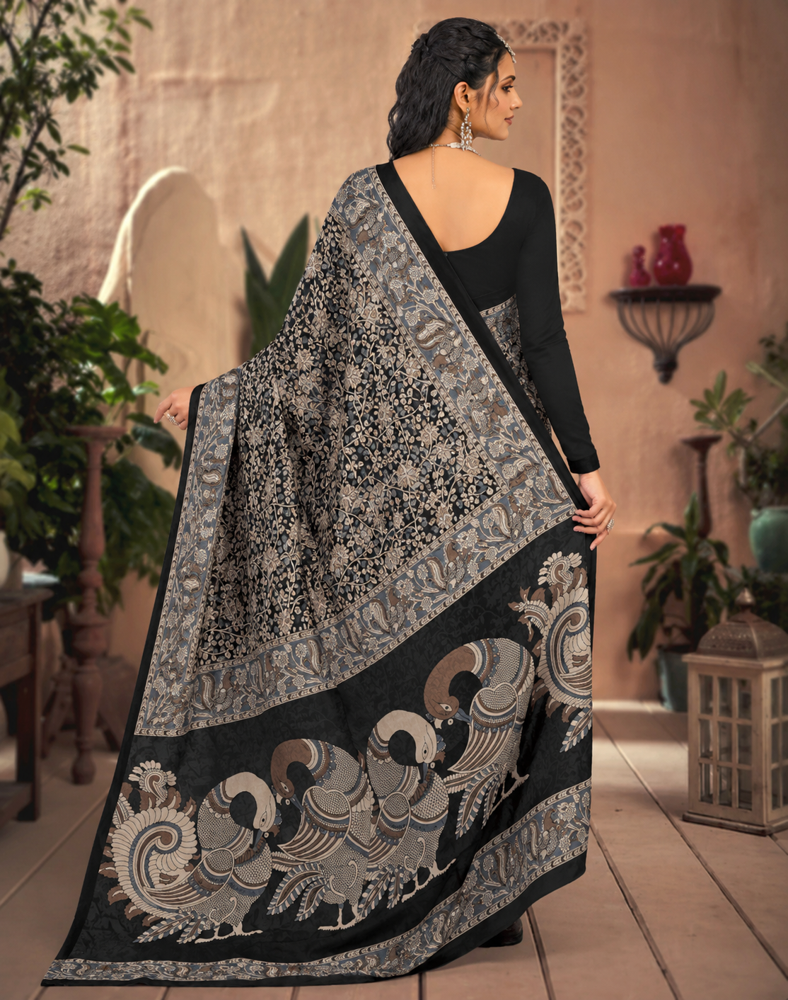 Srimoyee Traditional Black Floral Print Premium Cotton Saree