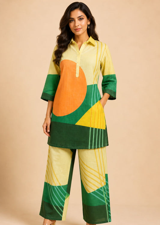 Juni Yellow Abstract Printed Co-Ord Set