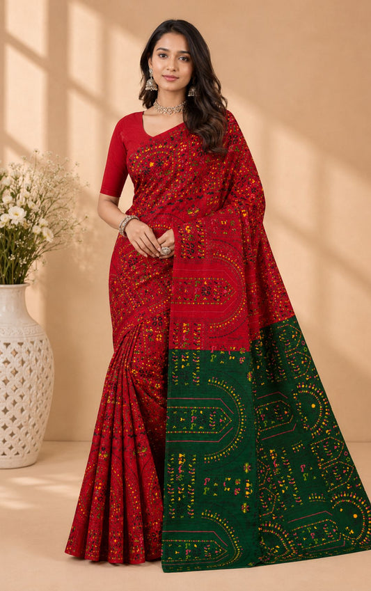 Boutique Special Red And Green Bandhani Print Saree