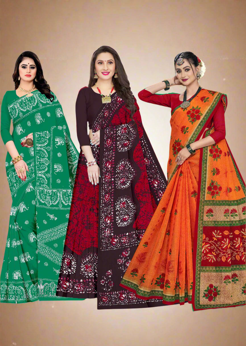 Combo Of Cotton Printed Sarees - Pack of 3