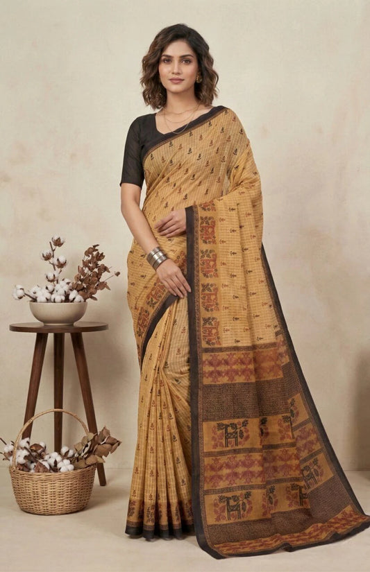 Minu fashions Printed Daily Wear Pure Cotton Saree (Beige)