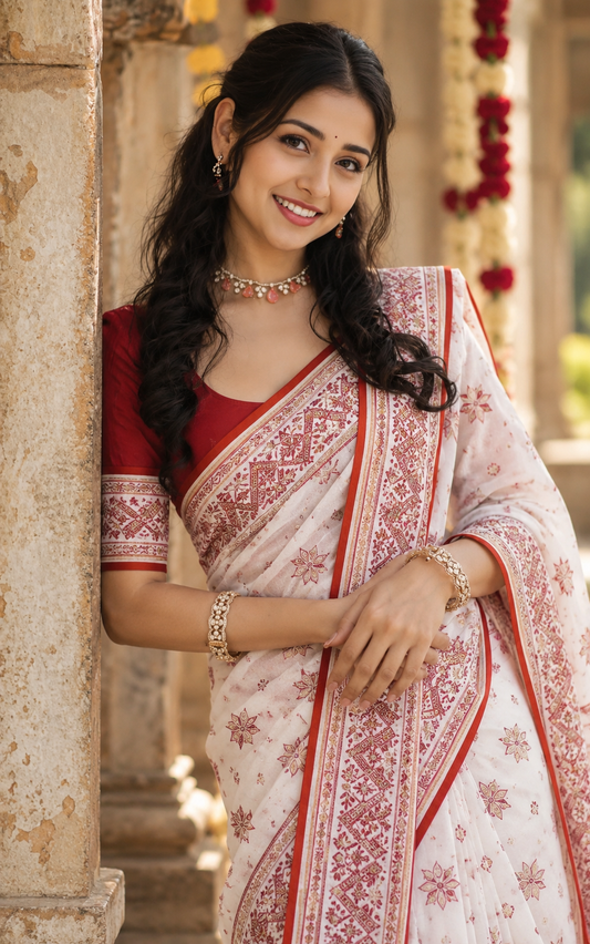 Red & White Bengali Saree for Durga Puja | Traditional Festive Saree with Printed Motifs & Border