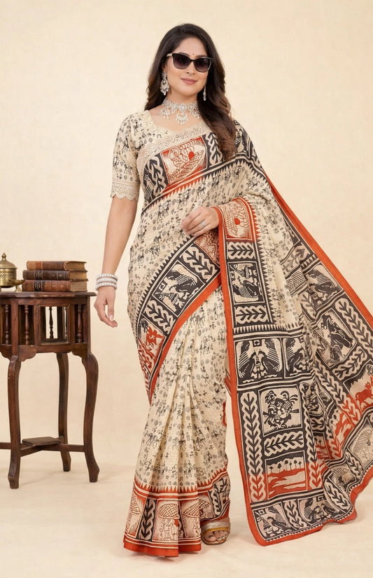Minu fashions Printed Daily Wear Pure Cotton Saree (Multicolor)
