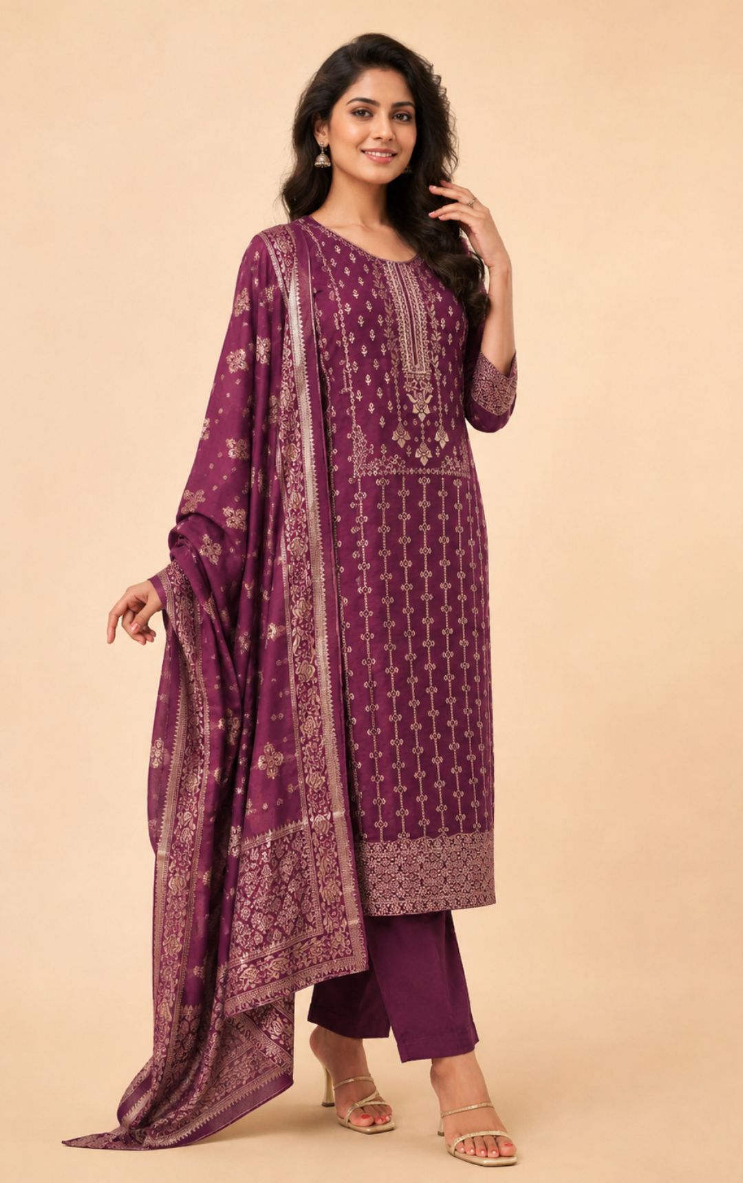 Famous Women Zari Work Chanderi Kurta Set with Salwar & Dupatta | V-Neck 3/4 Sleeves Woven Kurta | Elasticated Waist Slip-On Salwar | Ethnic Wear
