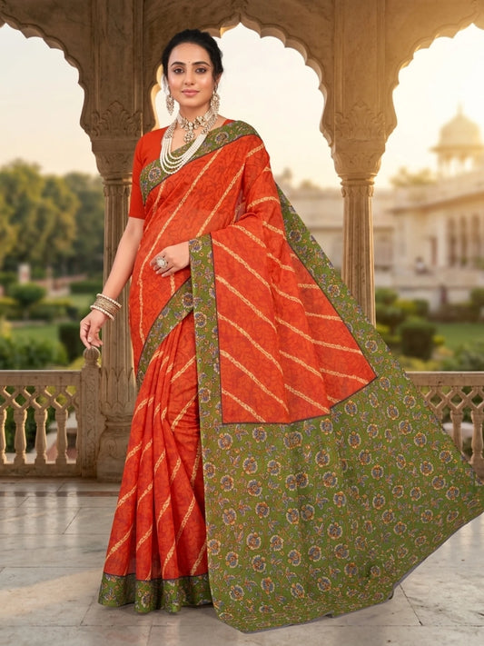 Minu fashions Printed Daily Wear Cotton Blend Saree (Orange)