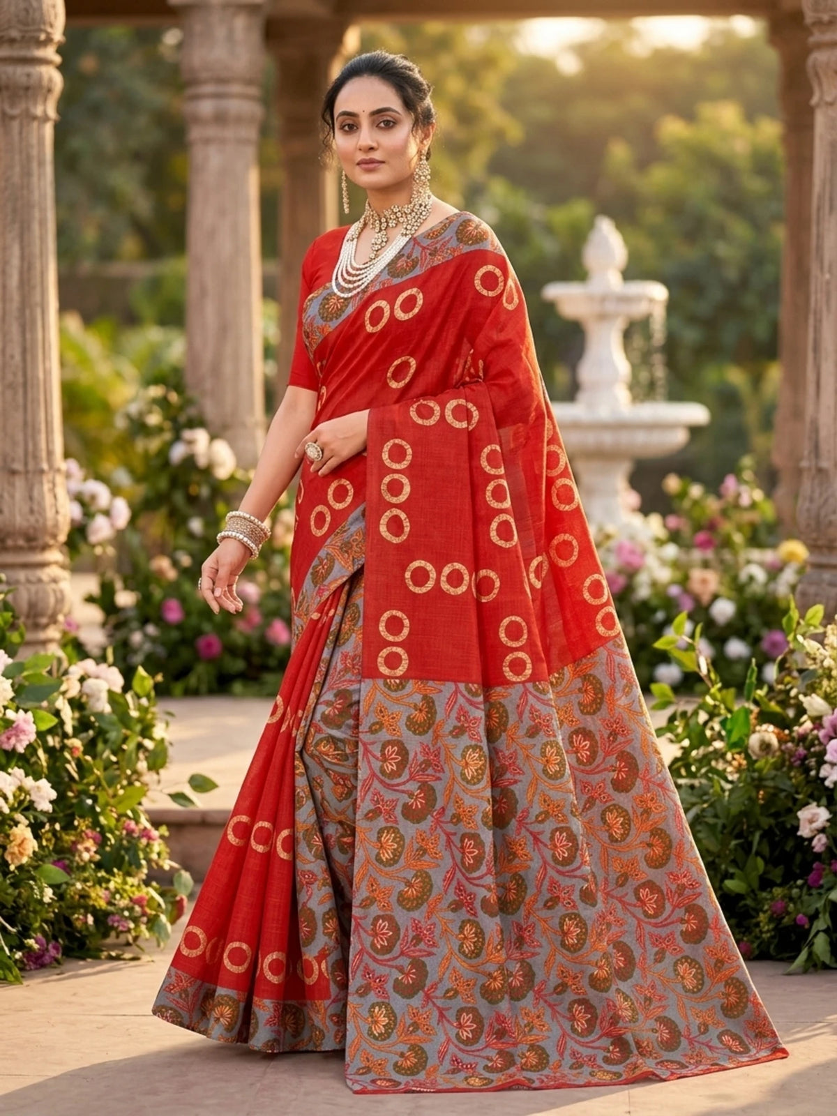 Minu fashions Printed Daily Wear Cotton Blend Saree (Red)