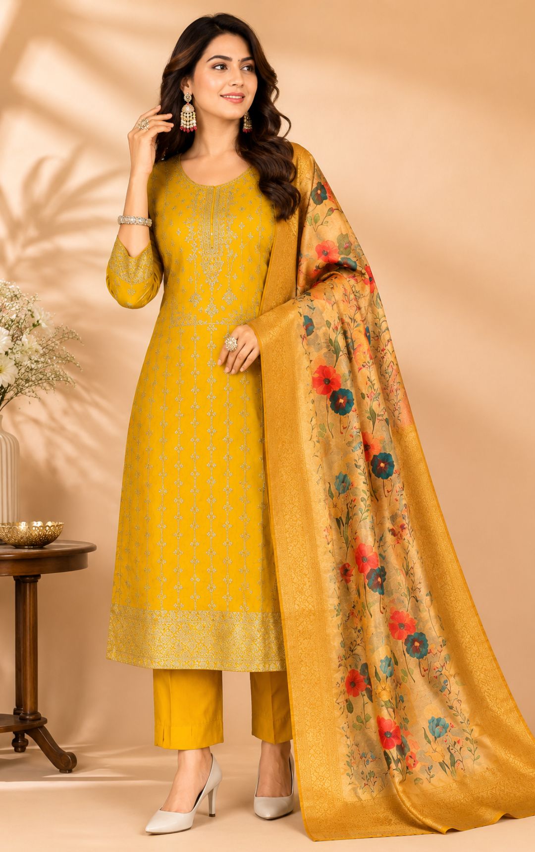 Celebrity Women Chanderi Zari Work Kurta with Round Neck, Three-Quarter Sleeves, Salwar with Elasticated Waistband & Floral Printed Dupatta Set | Ank