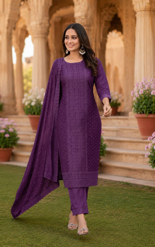 Minu Fashions Naaz Delux Purple Embroidered Salwar Suit