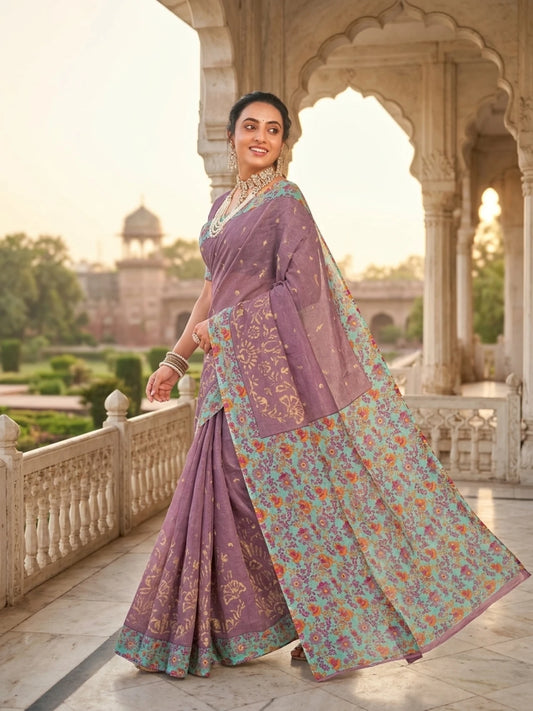 Minu fashions Printed Daily Wear Cotton Blend Saree (Purple)