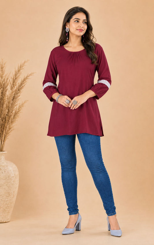 Minu Women Maroon Rayon Gathered-Neck Tunic Top with Lace Detail Sleeves | Round Neck, 3/4 Sleeve Regular Fit Top | Soft & Breathable Fabric For Stylish Daily, Office & Casual Wear