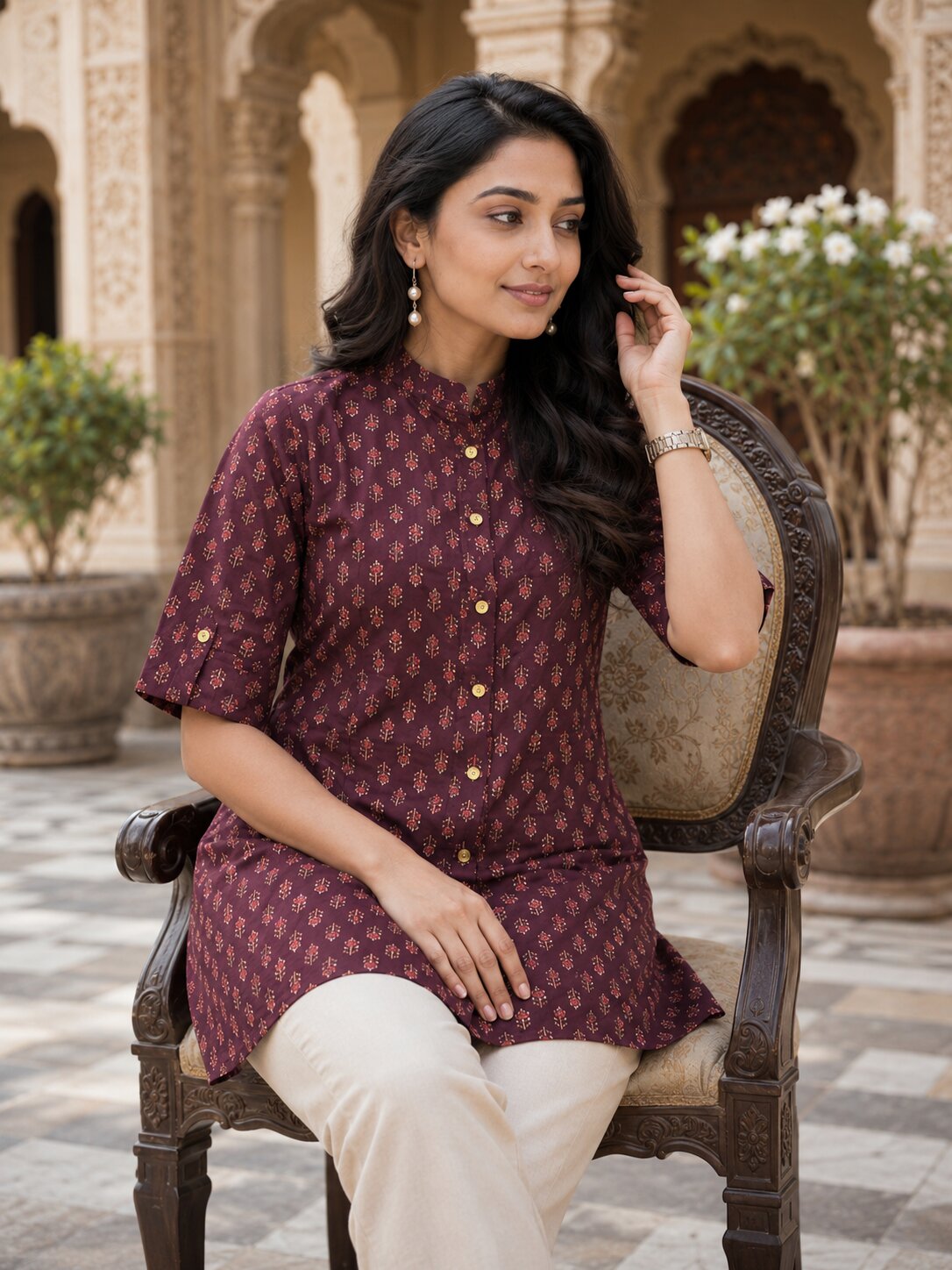 Minu Fashions Ayesha Ajrakh Floral Print Pure Cotton Straight Tunic Short Top for Women