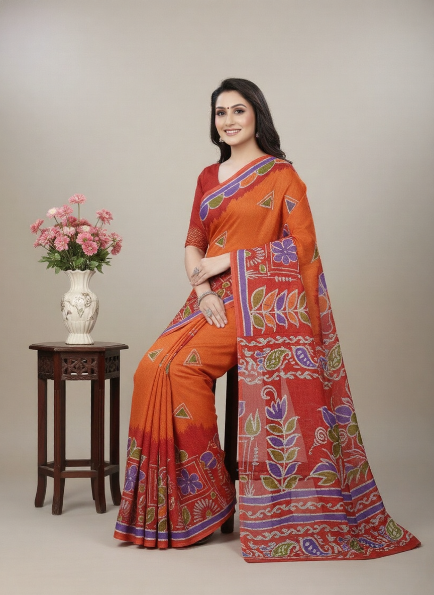 Kacha Badam Batik Cotton Printed Saree 3814
