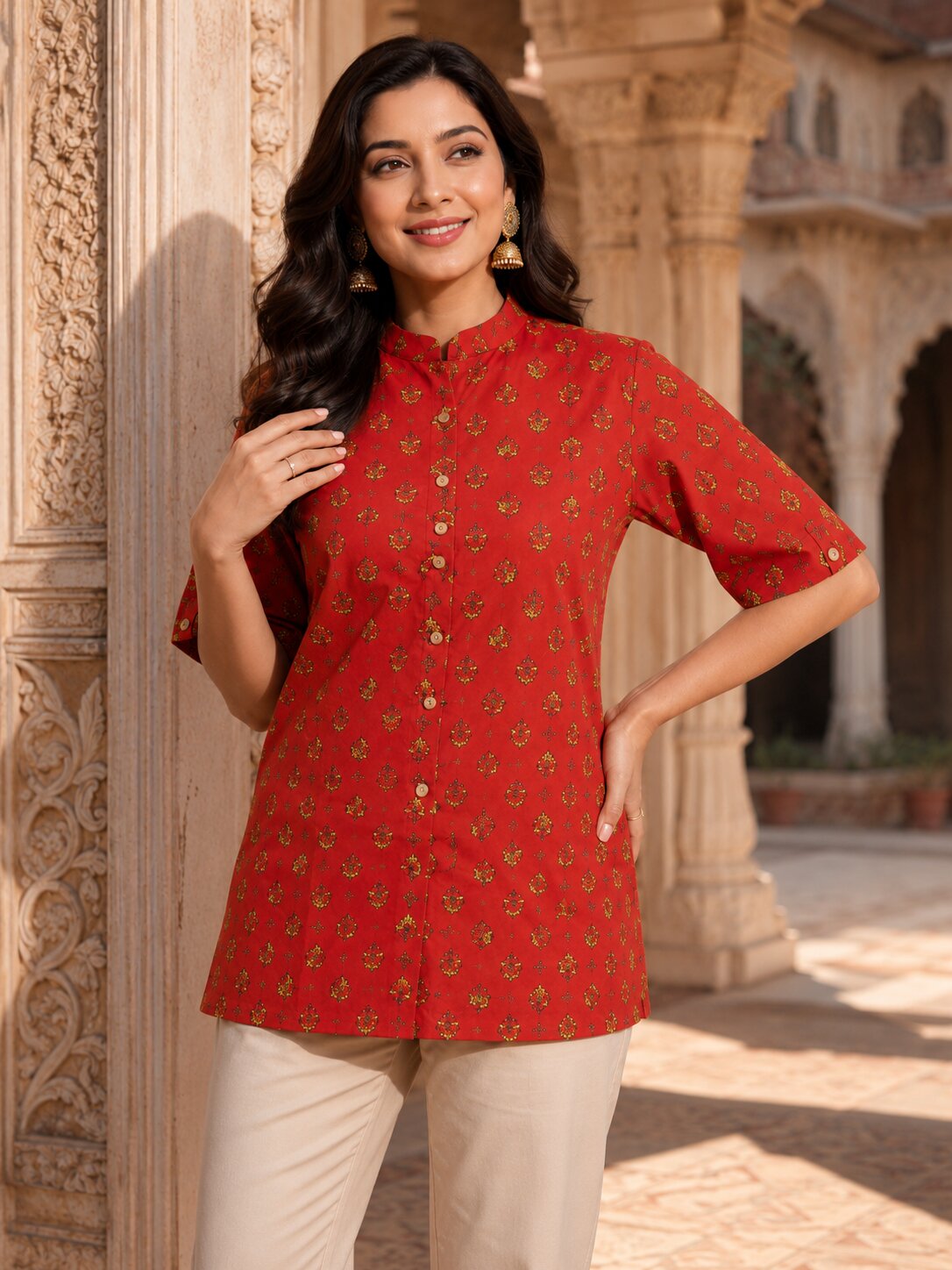 Minu Fashions Ayesha Ajrakh Floral Print Pure Cotton Straight Tunic Short Top for Women