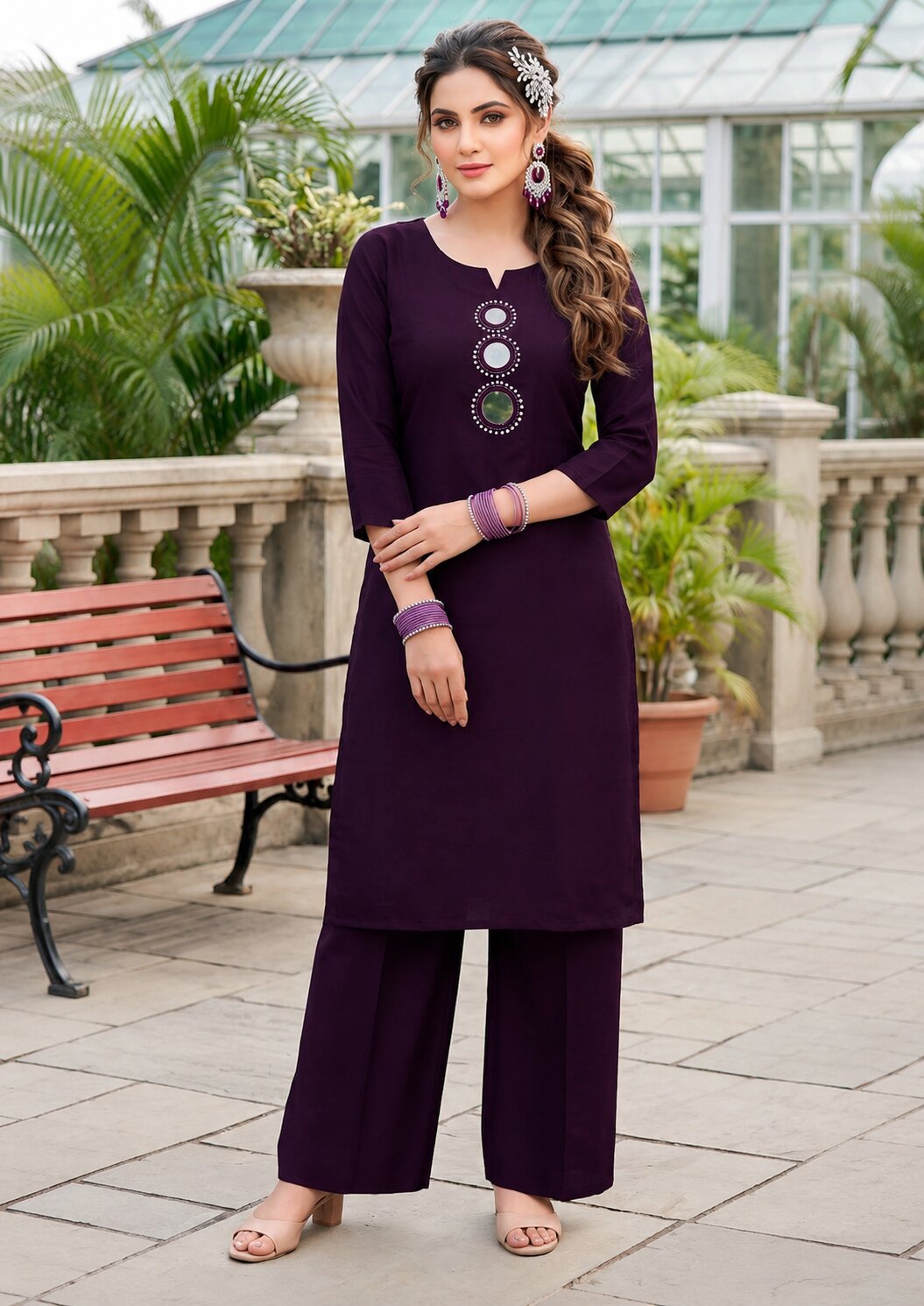 Purva Women Vartican Silk Straight Cut Kurti Set with Palazzo | Mirror & Beads Work | Women's Ethnic Wear