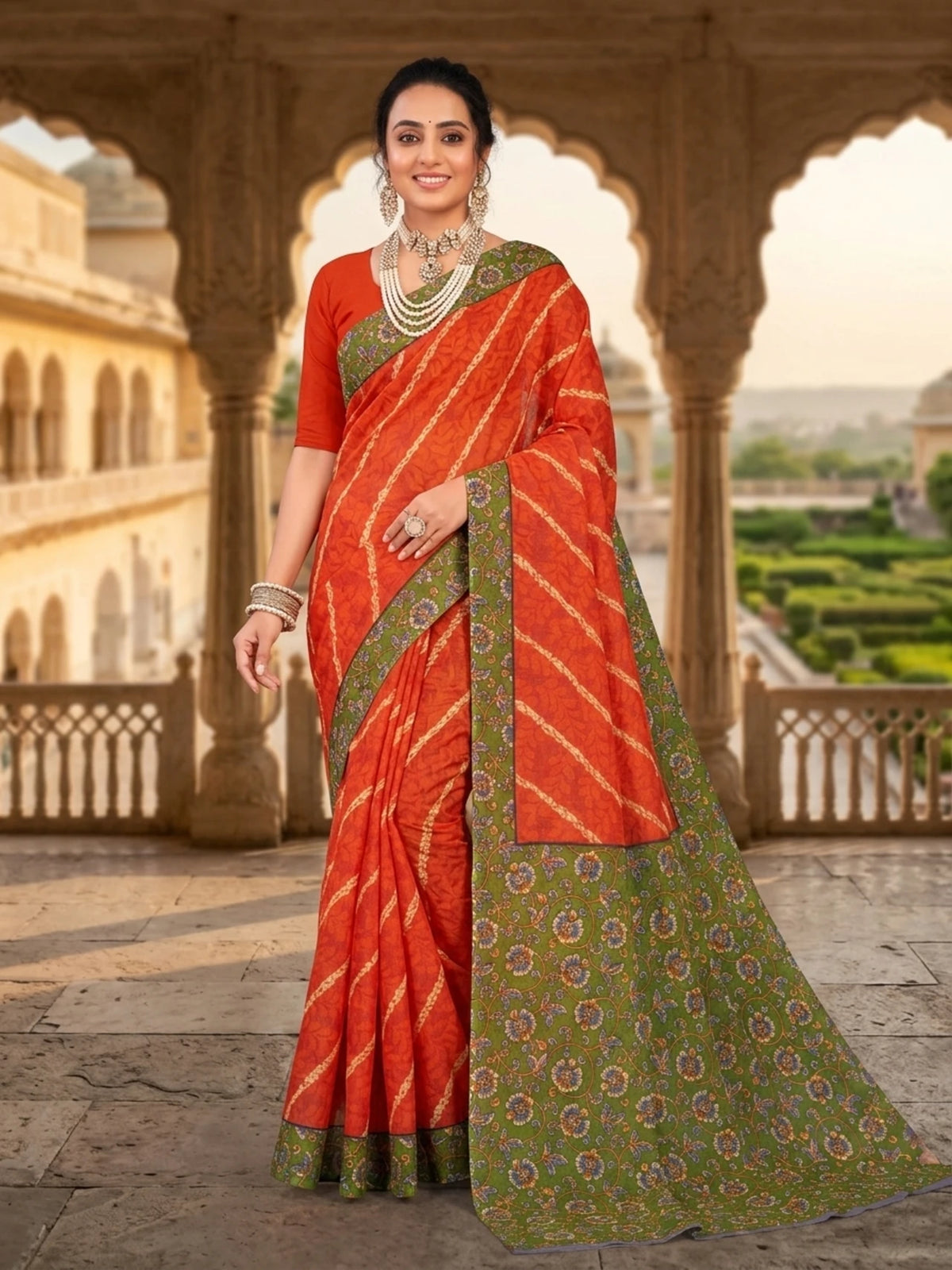 Minu fashions Printed Daily Wear Cotton Blend Saree (Orange)