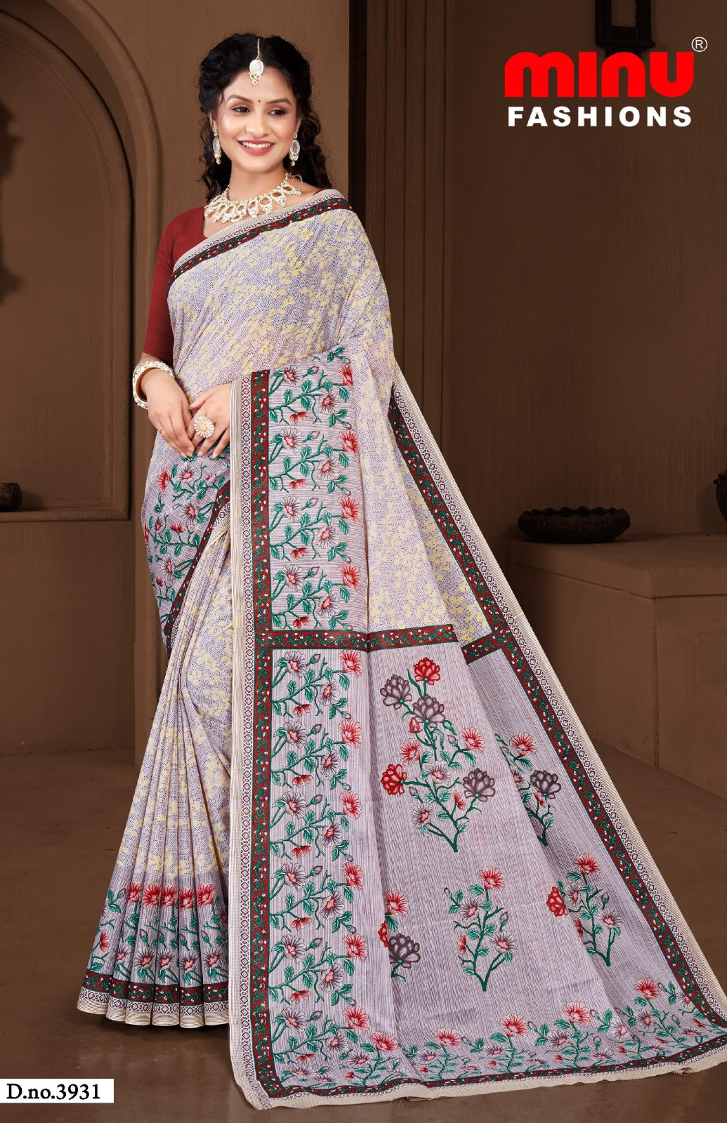 Minu Fashions Cotton Saree Dusty Beauty 3 – woven pure cotton saree with traditional motifs