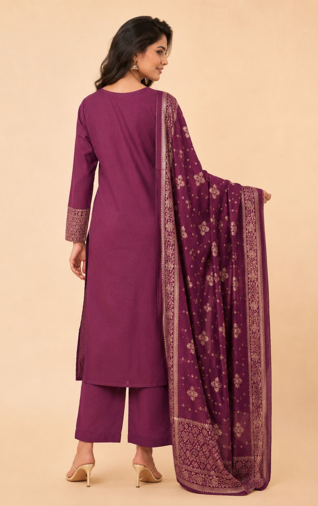 Purple Printed Pure Cotton Kurta, Pant & Dupatta Set