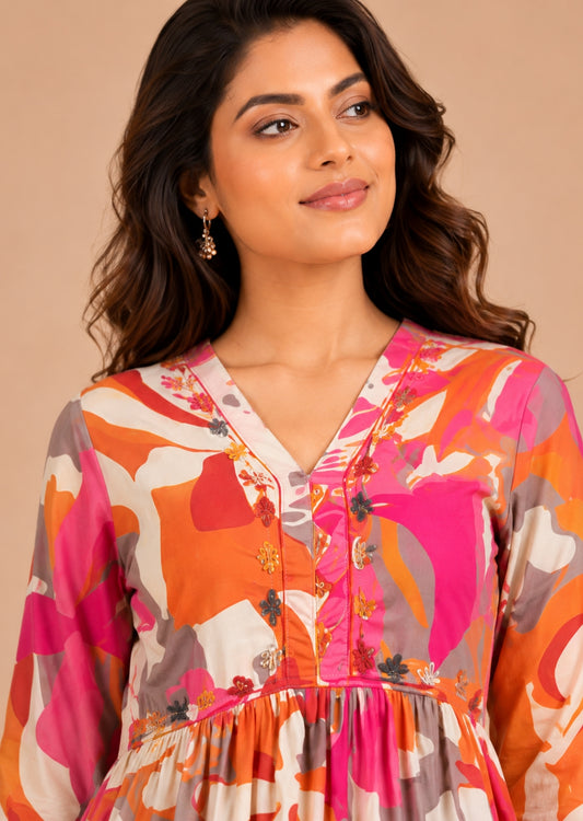 Minu Fashions Women Satin Floral Printed Flared Kurti