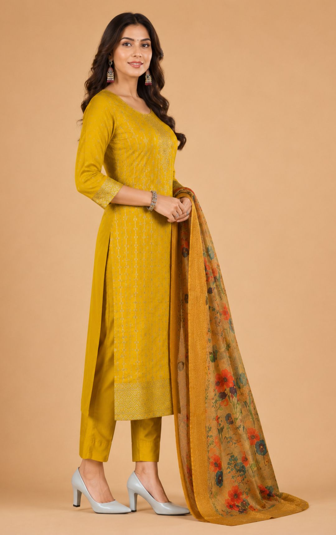 Celebrity Women Chanderi Zari Work Kurta with Round Neck, Three-Quarter Sleeves, Salwar with Elasticated Waistband & Floral Printed Dupatta Set | Ank