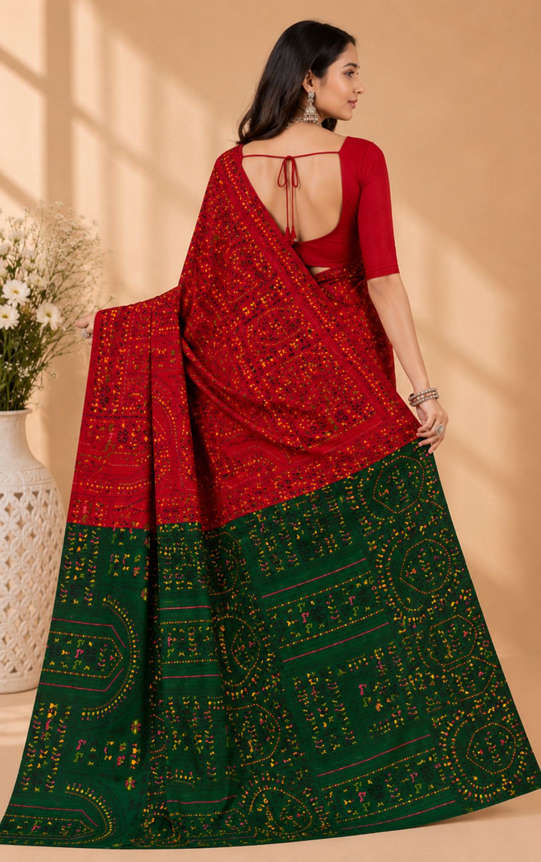Boutique Special Red And Green Bandhani Print Saree
