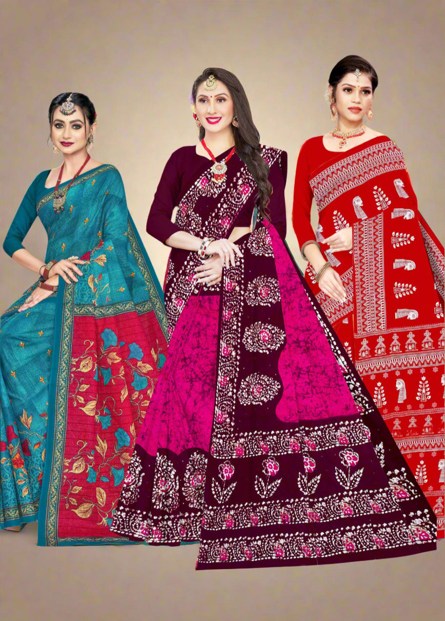 Combo Of Cotton Printed Sarees - Pack of 3