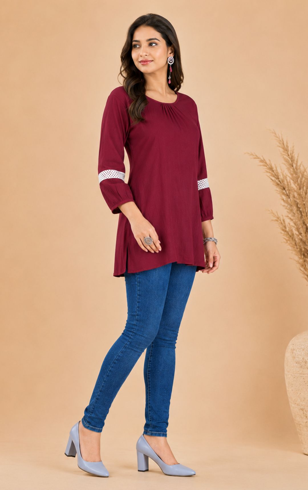 Minu Women Maroon Rayon Gathered-Neck Tunic Top with Lace Detail Sleeves | Round Neck, 3/4 Sleeve Regular Fit Top | Soft & Breathable Fabric For Stylish Daily, Office & Casual Wear