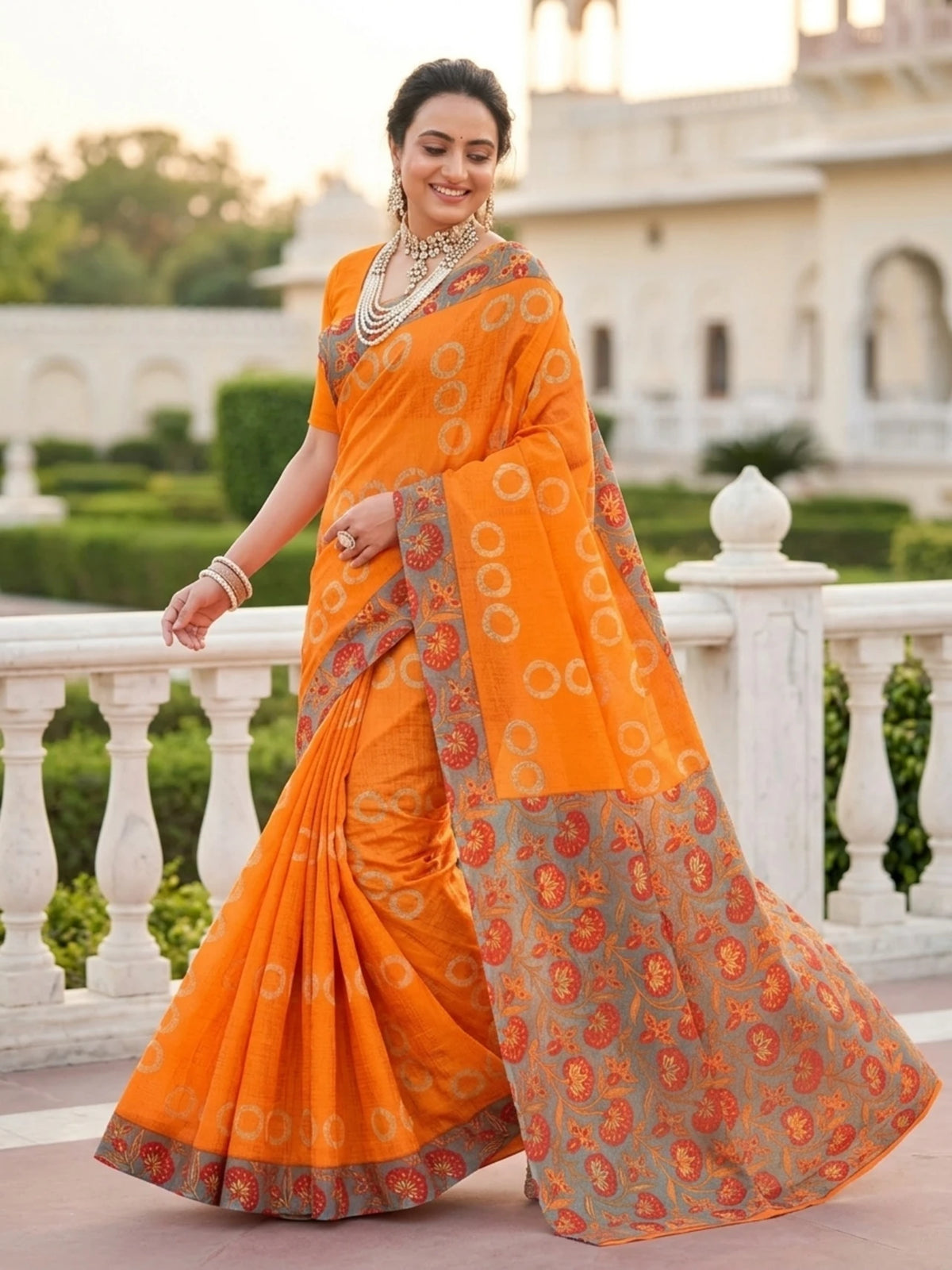 Minu fashions Printed Daily Wear Cotton Blend Saree (Orenge)