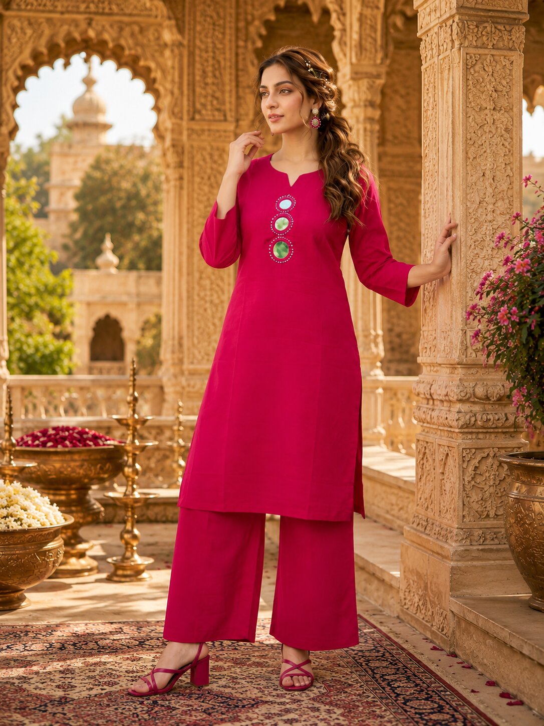 Purva Women Vartican Silk Straight Cut Kurti Set with Palazzo | Mirror & Beads Work | Women's Ethnic Wear