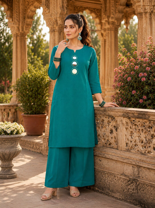 Purva Women Vartican Silk Straight Cut Kurti Set with Palazzo | Mirror & Beads Work | Women's Ethnic Wear