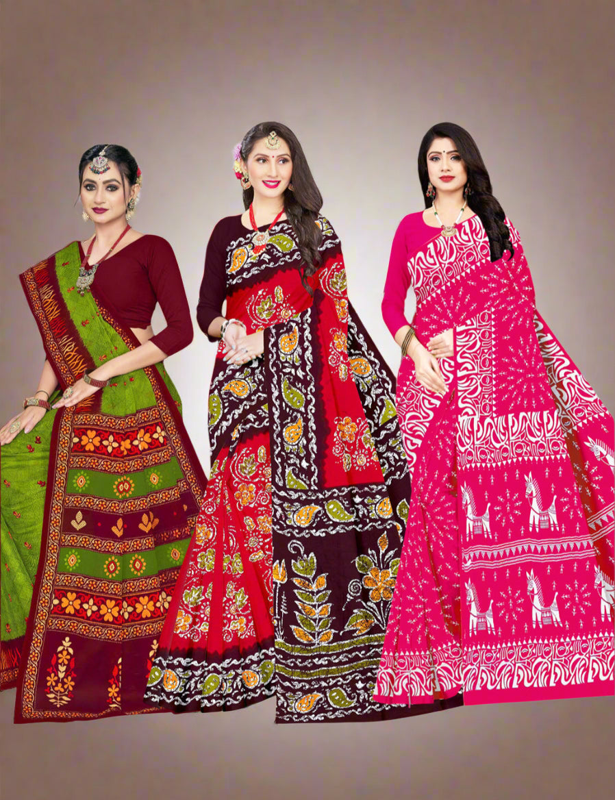 Combo Of Cotton Printed Sarees - Pack of 3