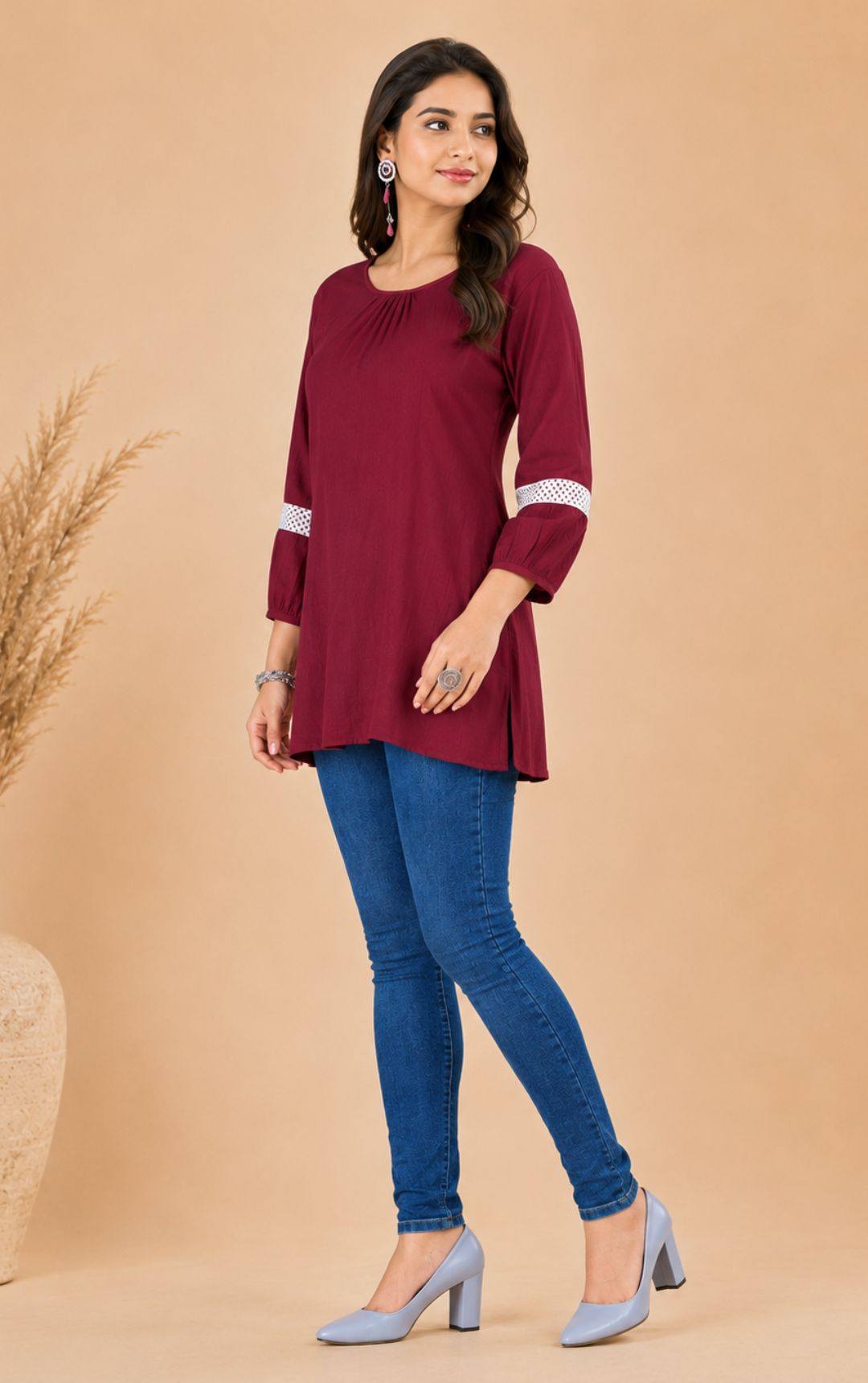 Minu Women Maroon Rayon Gathered-Neck Tunic Top with Lace Detail Sleeves | Round Neck, 3/4 Sleeve Regular Fit Top | Soft & Breathable Fabric For Stylish Daily, Office & Casual Wear