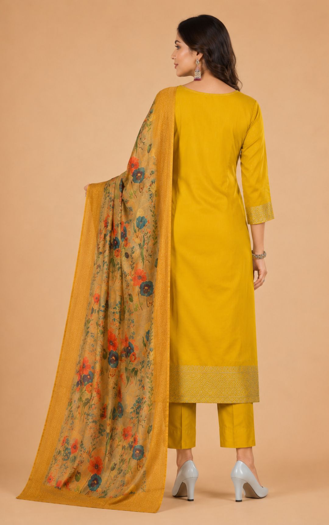 Celebrity Women Chanderi Zari Work Kurta with Round Neck, Three-Quarter Sleeves, Salwar with Elasticated Waistband & Floral Printed Dupatta Set | Ank